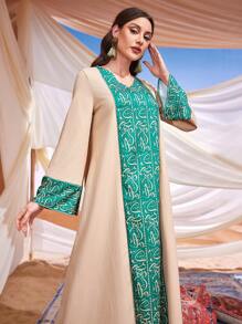Al Najma Arabian Style Printed Bell Sleeve Loose Jalabiya Eid Dress, Modest - Apricot - View 6