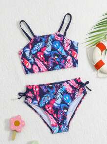 Young Girls' Feather Printed Two-Piece Swimwear Set