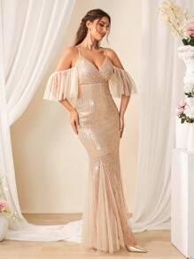 SHEIN Belle Women's Open Shoulder Sequined Bridesmaid Dress