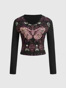 ROMWE Fairycore Camiseta de manga larga con estampado de mariposas y enredaderas vintage estilo "fairycore" para mujeres