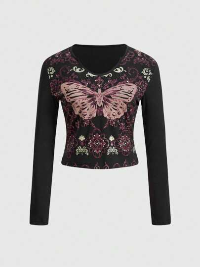 T-shirt à manches longues Fairycore avec imprimé de vignes vintage et papillon pour femmes