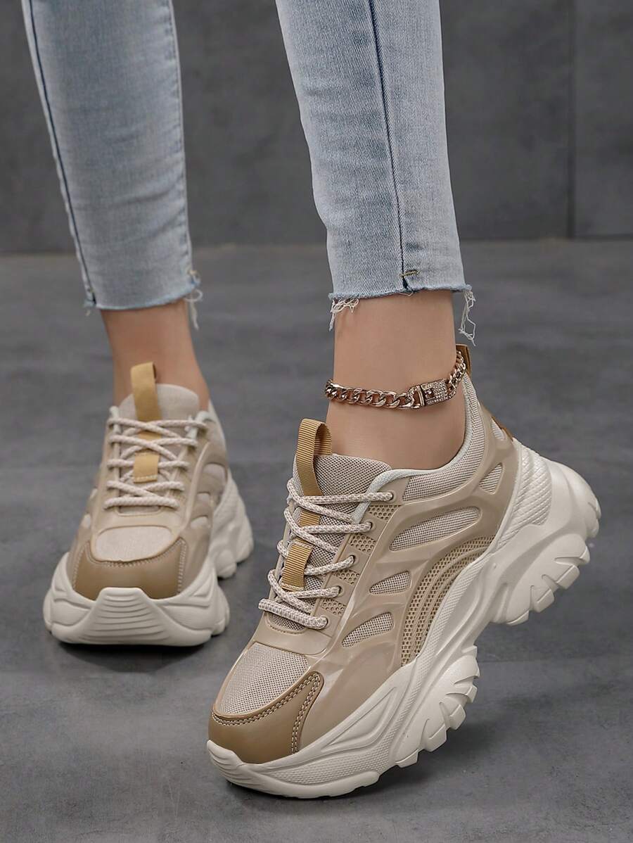 運動風前置厚底運動鞋,everyday Collection時尚厚底彩色圖案綁帶平台鞋,輕便透氣網布女運動鞋,戶外運動鞋,女士網球鞋 - 卡其色 - 查看 1