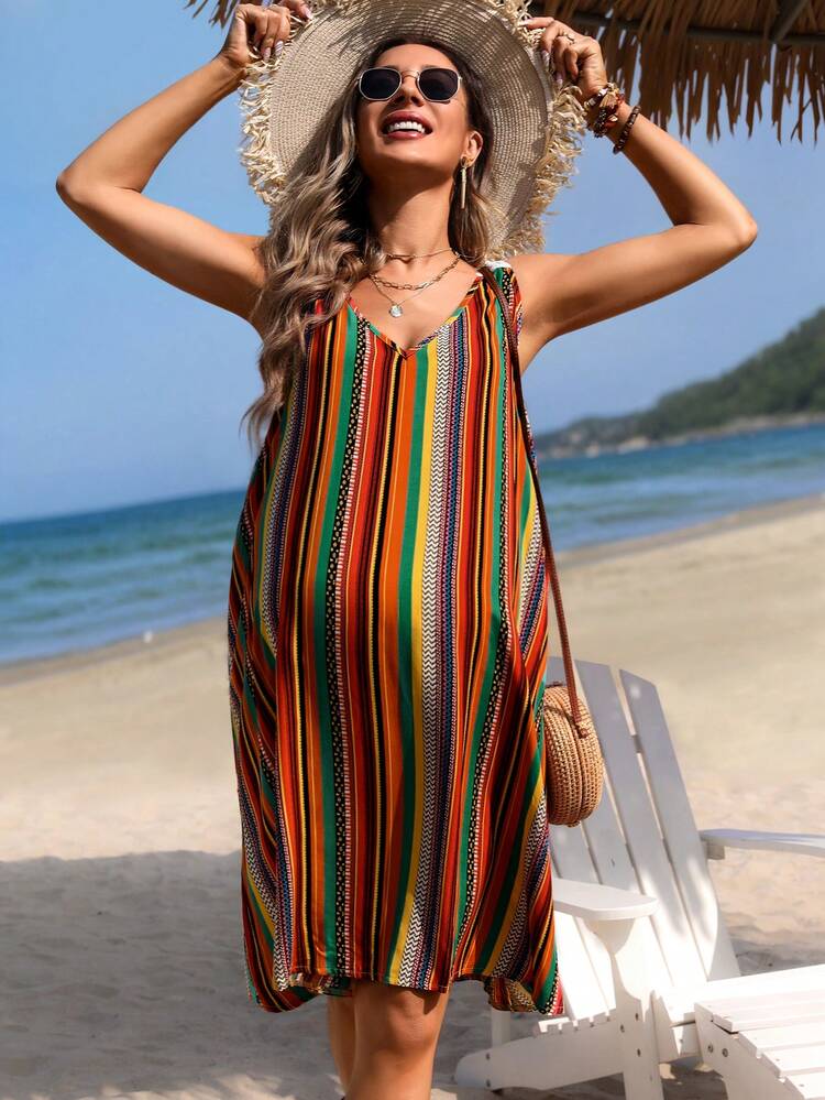 Maternity Colorful Striped Sleeveless Dress