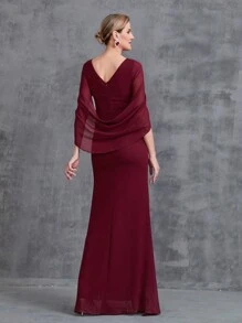 Women's Front Pleated Back Drape Formal Mermaid Dress, Burgundy - Burgundy - View 2