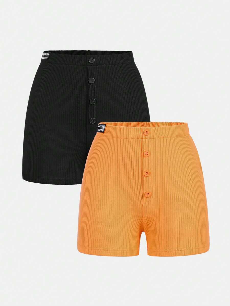 少女休閒運動純色麻花短袖t恤和短褲套裝,帶補丁細節