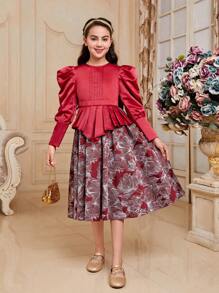 SHEIN Tween Girl Round Neck Leg-Of-Mutton Sleeve Dress For Vacation - Red - View 4