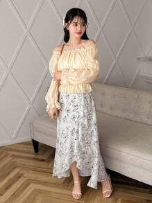 FRIFUL Camisa De Hombro Descubierto Sólido De Las Mujeres Con Manga De Volantes Y Pliegues - Beis - Ver 2