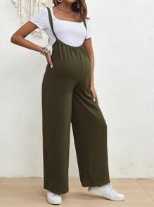SHEIN Mono De Tirantes Suelto Y Vibrante Con Lazo Para Mujeres Embarazadas, Apto Para Vacaciones - Verde - Ver 1