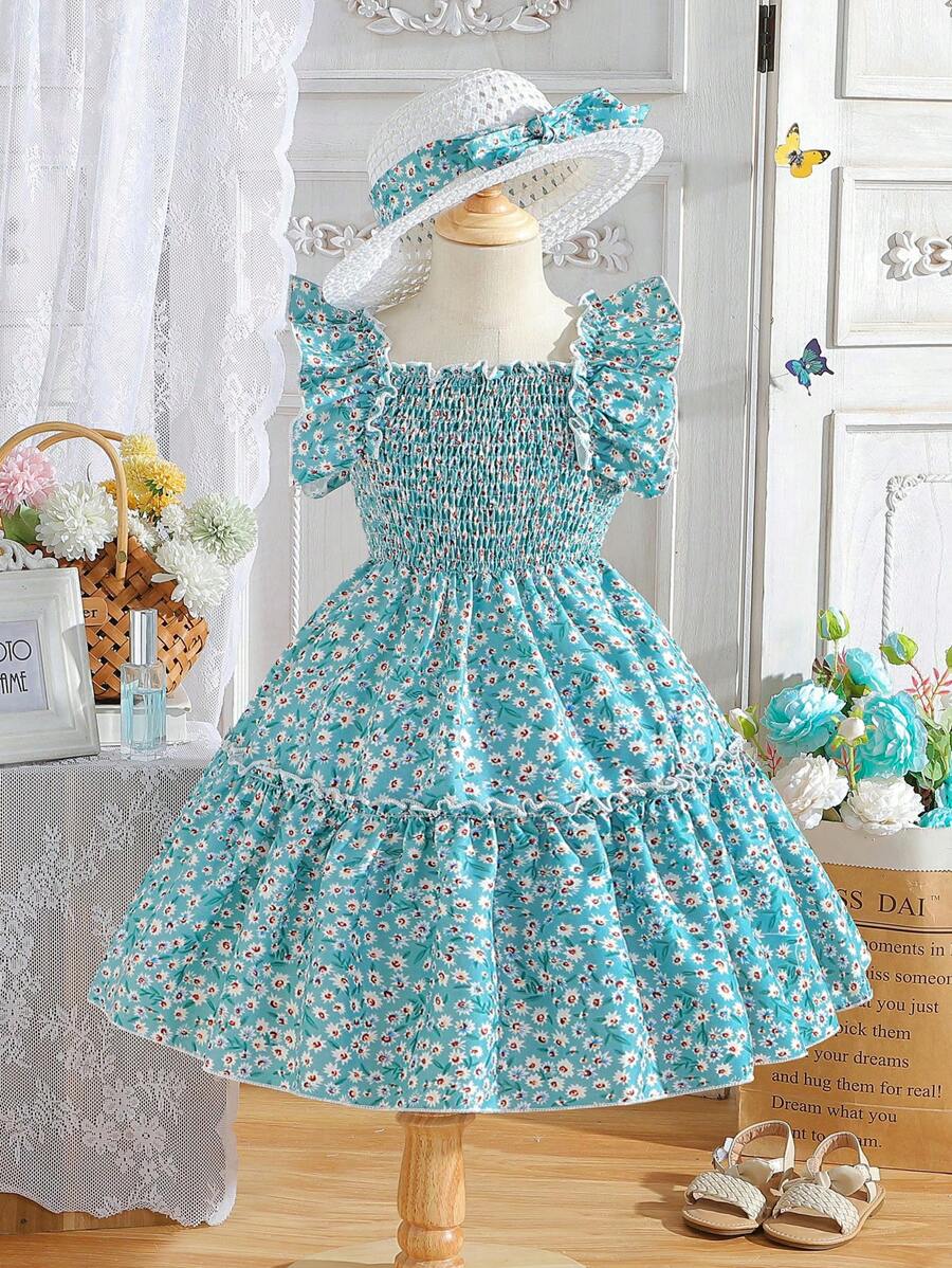 SHEIN Trẻ Cô gái In hoa Xù Hoa Sen Đầm xếp ly Với mũ - màu xanh lá - Xem 1