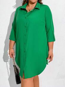 SHEIN CURVE+ 大尺碼純色鈕扣卷袖襯衫連身裙 - 綠色 - 查看 5