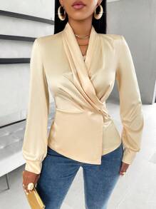 Zolique Solid Twist Lantern Sleeve Wrap Elegant Blouse - Apricot - View 3