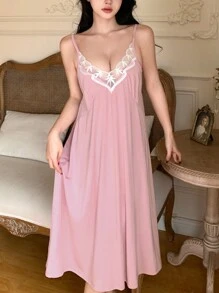 DAZY Embroidered Sheer Mesh Contrast Cami Slip Dress Summer Pajama - Pink - View 7