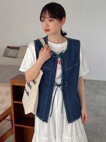 FRIFUL Women's Denim Vest Jacket With Frayed Hem And Drawstring - Blue - View 4