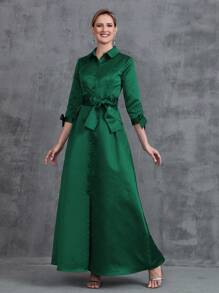 Vestido Formal De Satén Para Mujer Con Manga 3/4 - Verde Oscuro - Ver 6