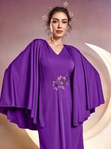 Modelyn 女士 V 领斗篷袖阿拉伯连衣裙长款晚礼服 - 紫色 - 查看 4