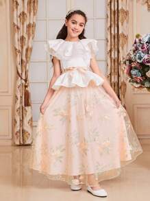 SHEIN Tween Girls' Gorgeous Holiday Round Neck Ruffle Trim Top & Flower Embroidered Mesh Skirt Set - Pink - View 6