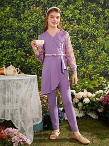 Tween Girls' Cross V-Neck Sequins Mesh Splicing Long Sleeve Jumpsuit With Asymmetrical Hem - Purple - View 3