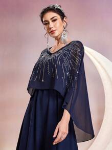 Modelyn Đầm dạ hội dài đính đá lấp lánh cho nữ - Màu xanh hải quân - Xem 5