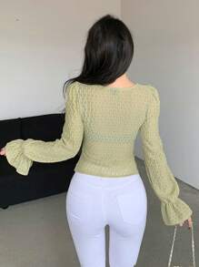 Dazy Designer Women's French Style Ruffled Texture Blouse With Short Sleeves Crop Women Tops Long Sleeve Top Easter - Green - View 2