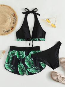 SHEIN Swim 3packs Leaf Print Bikini & Swim Shorts,Summer Beach - Dark Green - View 6