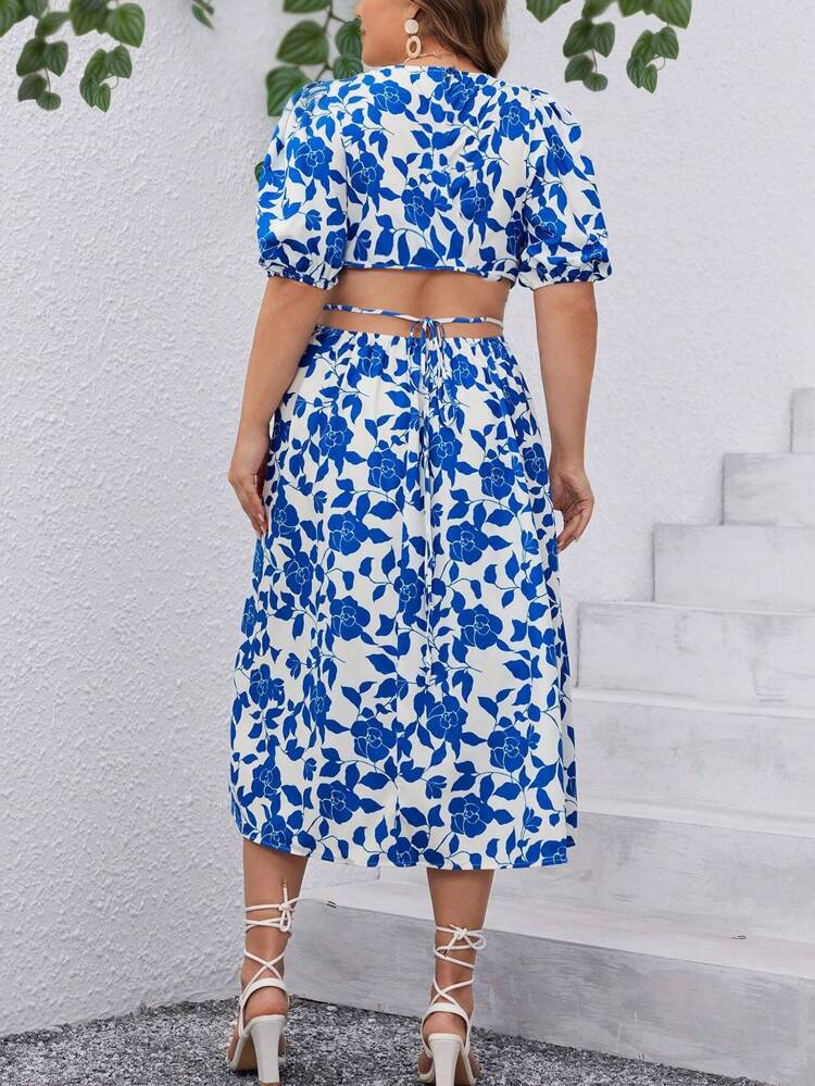 Plus-Size Holiday Print Dress With Hollowed Out Waist