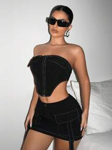 SHEIN ICON 不對稱下擺無肩帶上衣和緊身裙套裝 - 黑色 - 查看 3