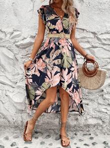 SHEIN Clasi 女士植物印花不对称下摆长款连衣裙