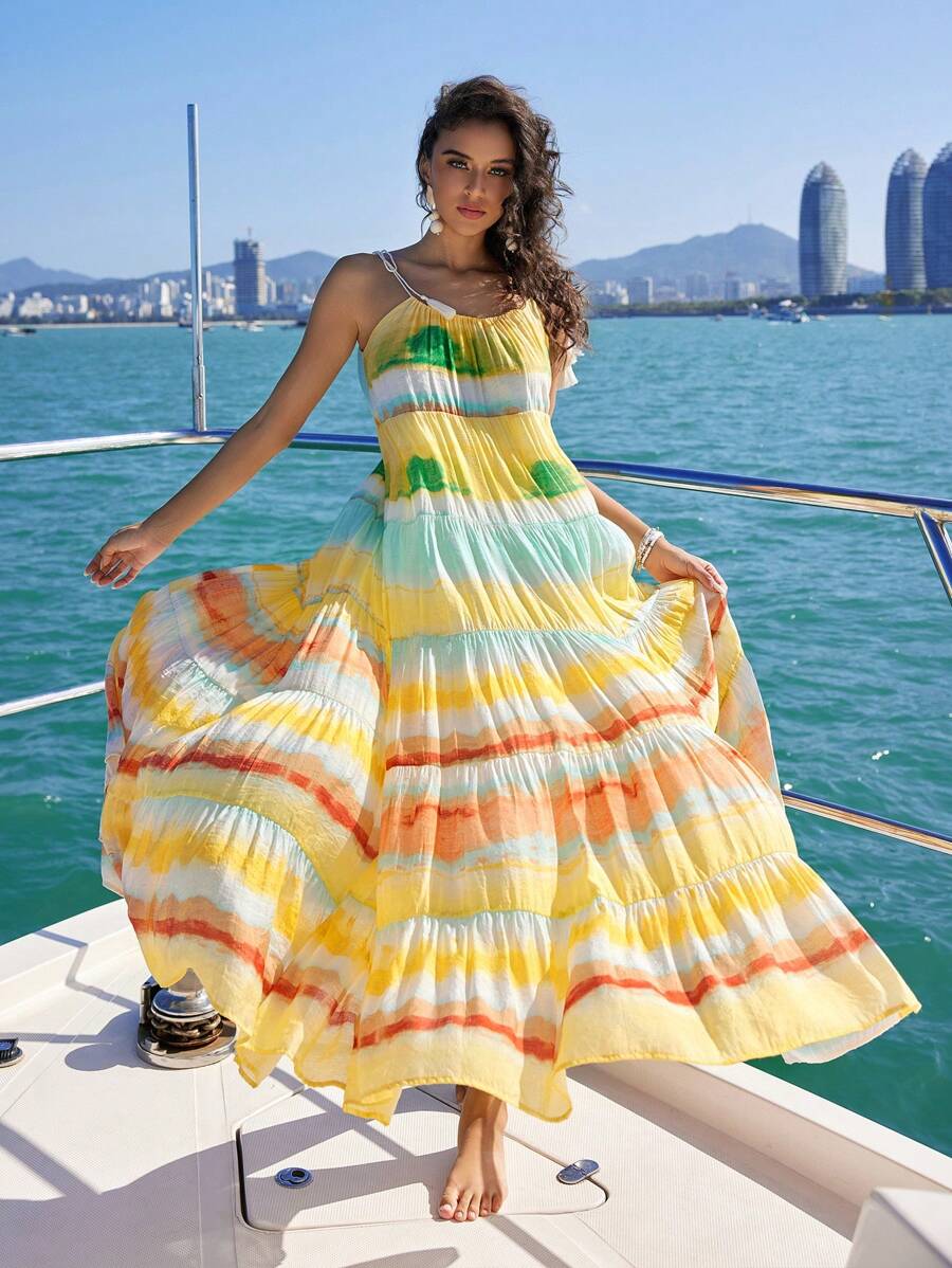 Anewsta Women's Colorful Striped & Printed Shoulder Tassel & Fringe Dress For Vacation, Women Cruise Outfit - Yellow - View 1