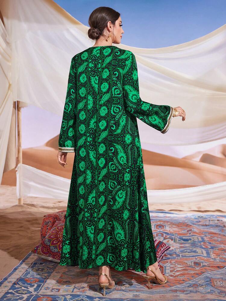 Women's Paisley Print & Woven Trim Arab Jalabiya Dress