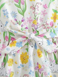 SHEIN Nuevo vestido de manga corta con volantes, cuello redondo y cinturón para niñas jóvenes, con estampado de conejo y flores, longitud media-larga