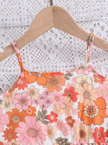 SHEIN Young Girl's Floral Print Spaghetti Top & Flared Hem Pants Set - Multicolor - View 5