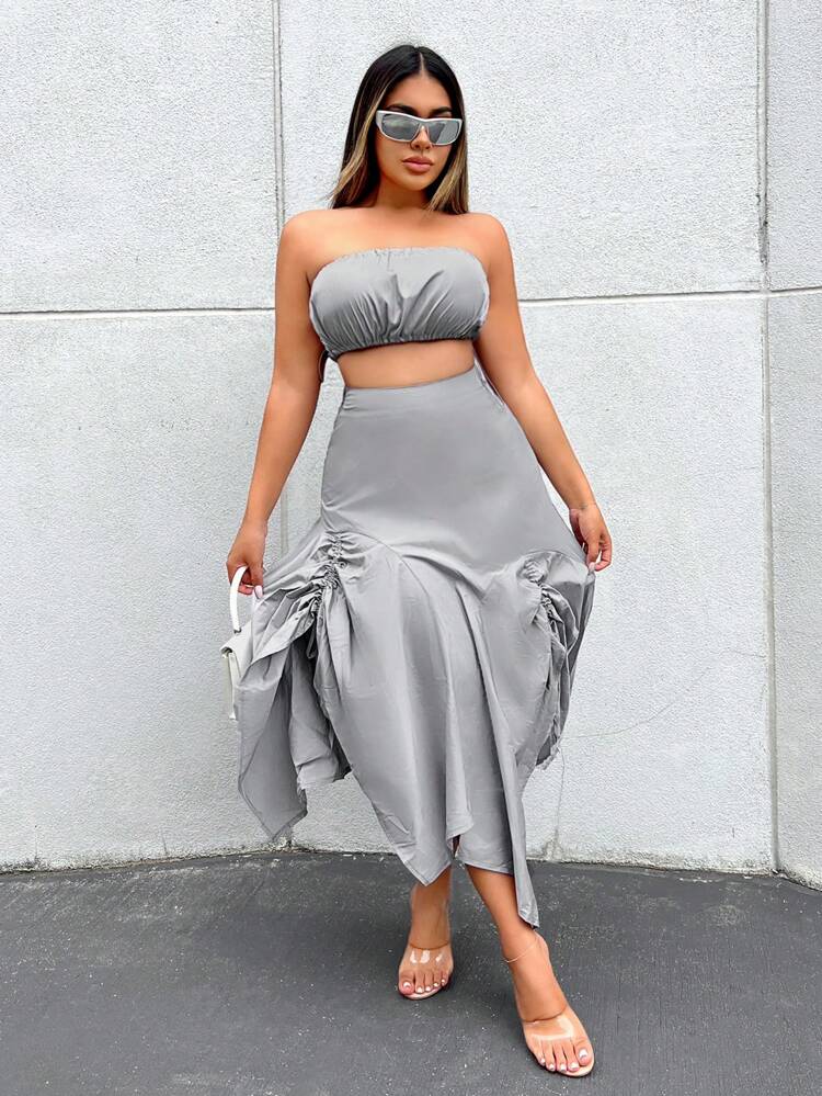 Tube Top And Asymmetric Hem Drawstring Parachute Skirt Two Piece Set For Summer