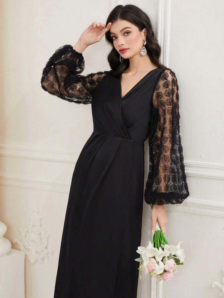 Women's Mesh Lantern Sleeve Dress Long Evening Dresses