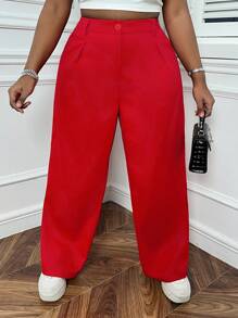 SHEIN EZwear Pantalones Rojos De Talle Alto Y Pierna Recta De Talla Grande