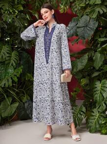 Al Najma 阿拉伯風格立領刺繡蕾絲花卉印花洋裝 - 藍色 - 查看 4