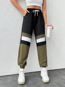 EURMUSE Women's Color Block Drawstring Waist Tapered Joggers - Army Green - View 5