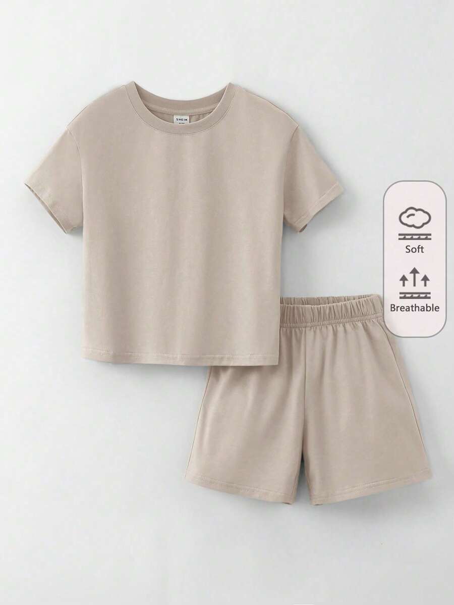 SHEIN Chàng trai trẻ Bông 100% Áo phông trơn & Quần short - Màu be - Xem 1