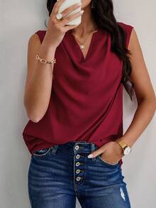 SHEIN Clasi 女士無袖實色上衣,具有垂墜領口設計 - 酒紅色 - 查看 4