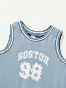 Cozy Pixies Knitted Soft Short Sleeve Letter Printed Round Neck Romper For Baby Boy - Dusty Blue - View 4