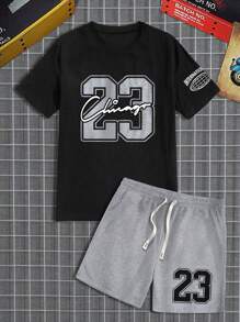 Manfinity Homme Ensemble T-shirt Et Short Imprimés Avec Lettres Et Chiffres Pour Homme