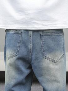 Manfinity Roghcode 男士直筒破洞休閒牛仔褲超大尺寸長款磨邊牛仔工裝褲純色深藍色派對街頭風格說唱歌手 - 淺色水洗藍 - 查看 8