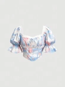 SHEIN MOD Women's Tie Dye Puff Sleeve Handkerchief Hem Shirt