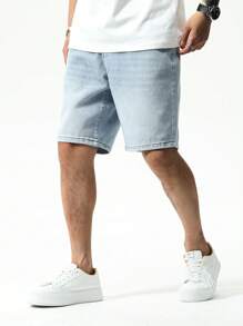 Chillumni Shorts en jean pour hommes, jambe droite, bleu Jorts uni, léger, vintage pour les vacances