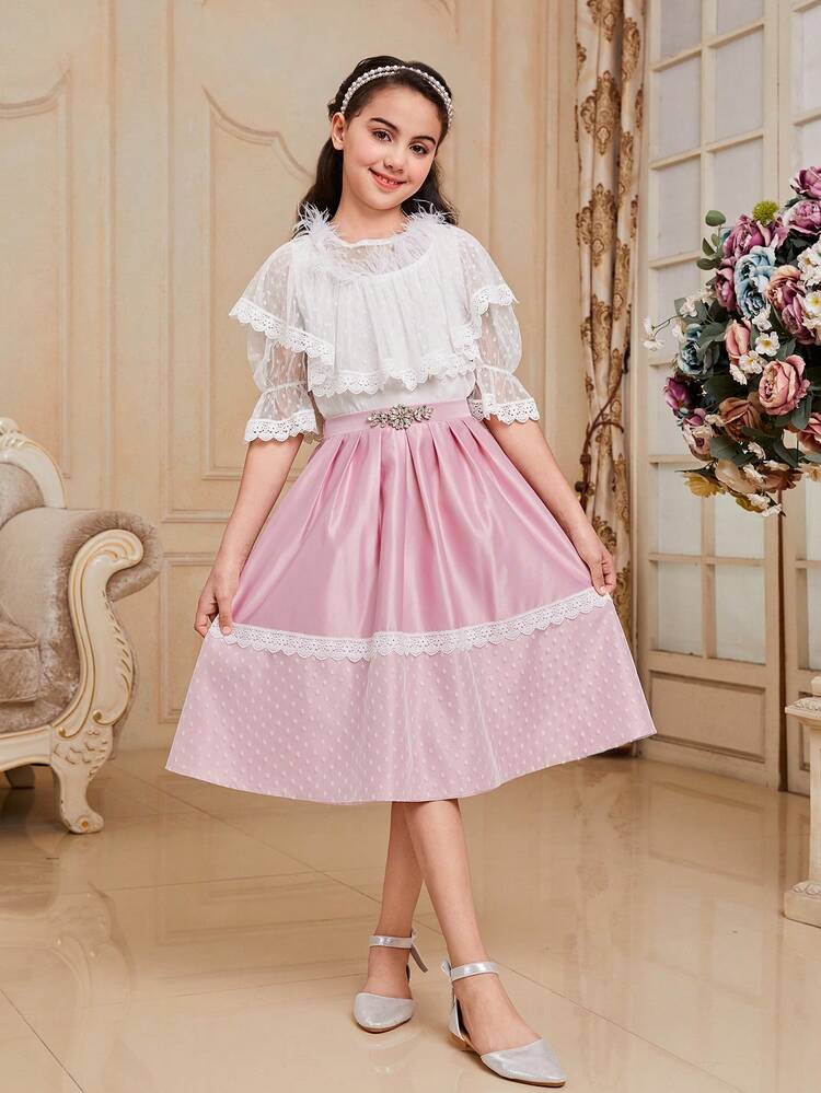 2pcs/Set Tween Girl Elegant Ruffled Net Mesh Blouse & Rhinestoned Skirt Outfit