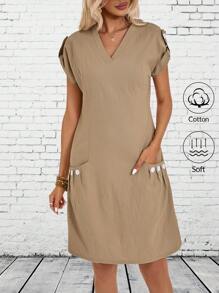 EMERY ROSE Frauen Einfarbiges Kurzärmliges Kleid Mit Taschen, Sommer Freizeitkleid - Khaki - Übersicht 5