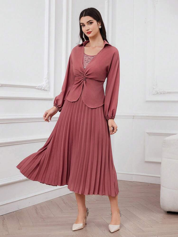 Women's Shiny Sequin Splice Twisted Knot & Pleated Hem Dress Church Dress