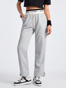 Street Sport Women's Letter Print Drawstring Joggers With Cuffed Hem - Grey - View 3