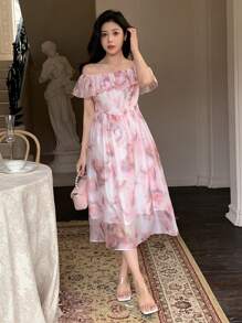 DAZY Women's Off-Shoulder Rose Print Tie Cinching Waist Dress With Short Sleeves Sundress
