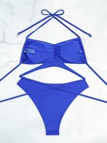 SHEIN Swim 女士褶饰挂脖系带比基尼套装 夏季海滩 - 寶藍色 - 查看 4