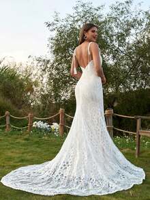 Elegant Romantic Long Lace Semi-Sheer Mermaid Wedding Dress With Spaghetti Straps Backless Design And Contrast Mesh Details